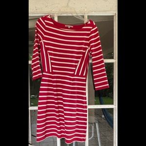 Red and white striped mid length sleeved dress